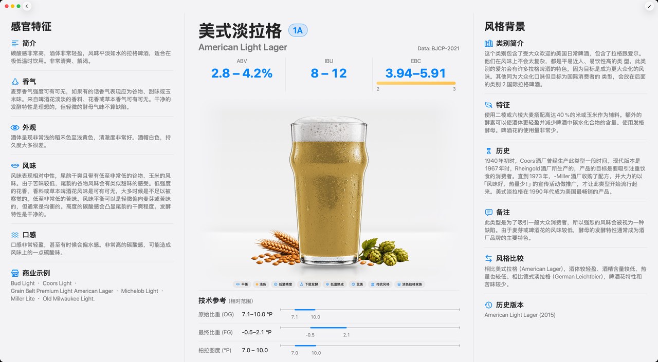 查看风格详情：指标范围、香气、外观、风味与口感