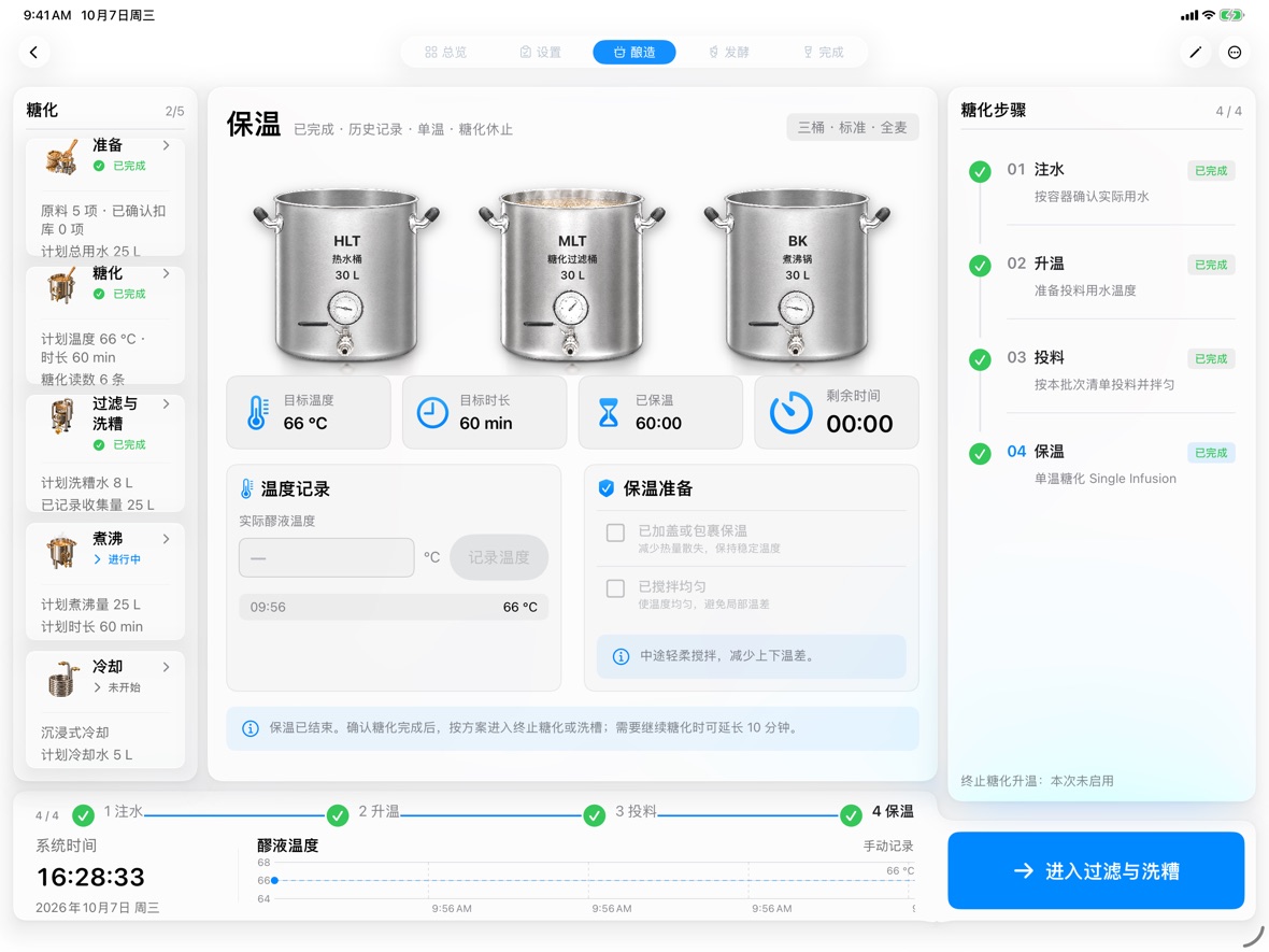 iPad 横屏：三桶糖化记录与步骤清单